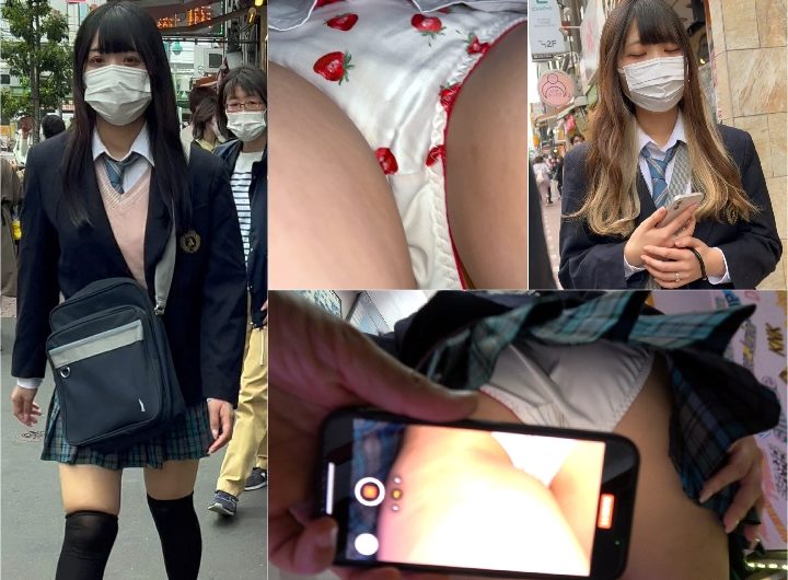 【顔出し】[4K]超美人ちゃん＋黒髪美少女系の2人の青チェックの純白生Pをじっくり撮り！！